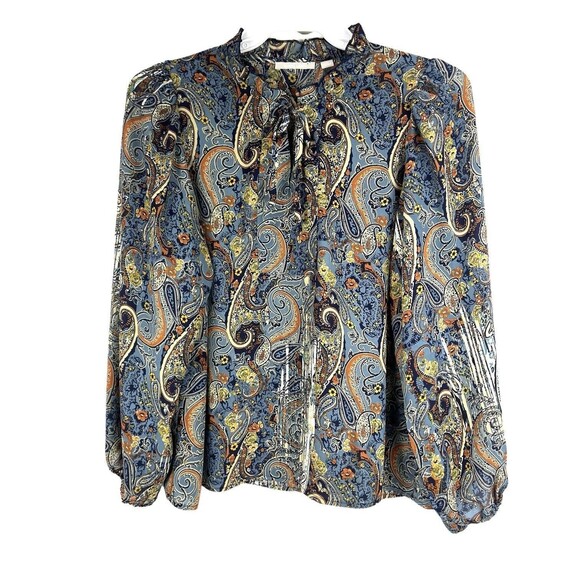 Sunny Leigh Blue Print Peasant Top Sz LARGE Tie Neck Ruffle Collar Puff Sleeves - Picture 1 of 7